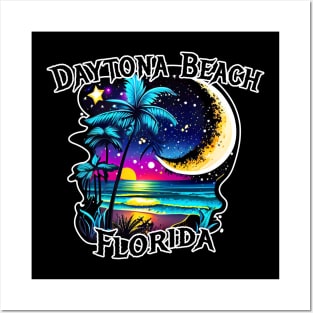 Daytona Beach Florida FL Moon Sunset Beach Ocean Palm Tree Posters and Art